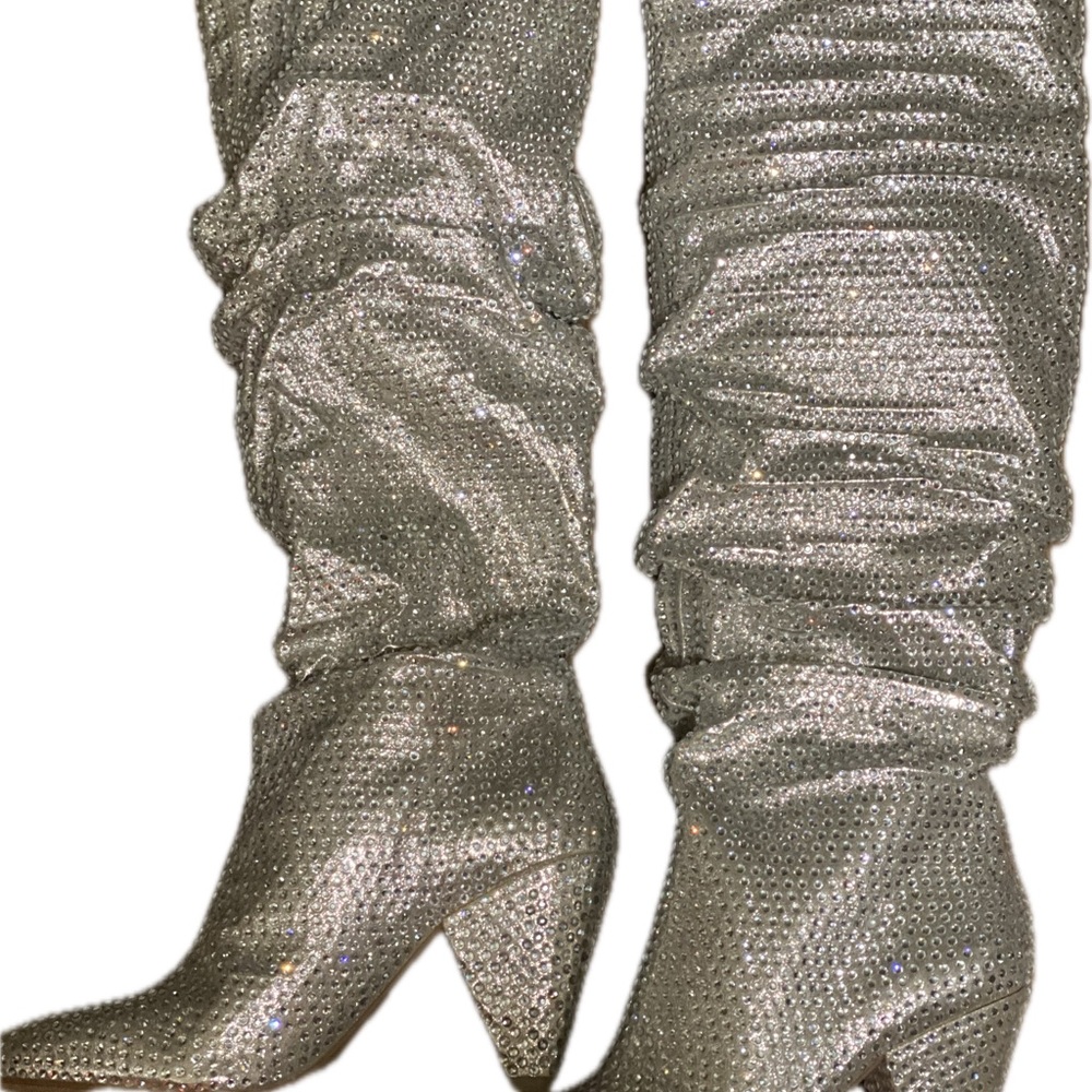 Silver Metallic Rhinestone Knee High Boots